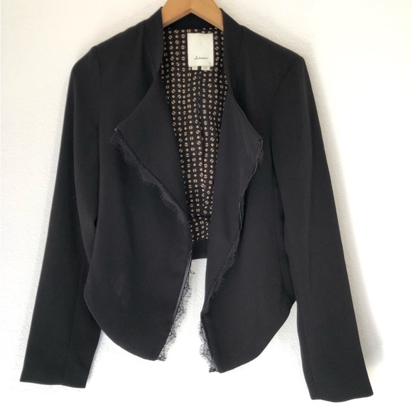Anthro Elevenses Black Eyelash Lace & Faux Leather Trim Draped Blazer Jacket - Picture 7 of 11